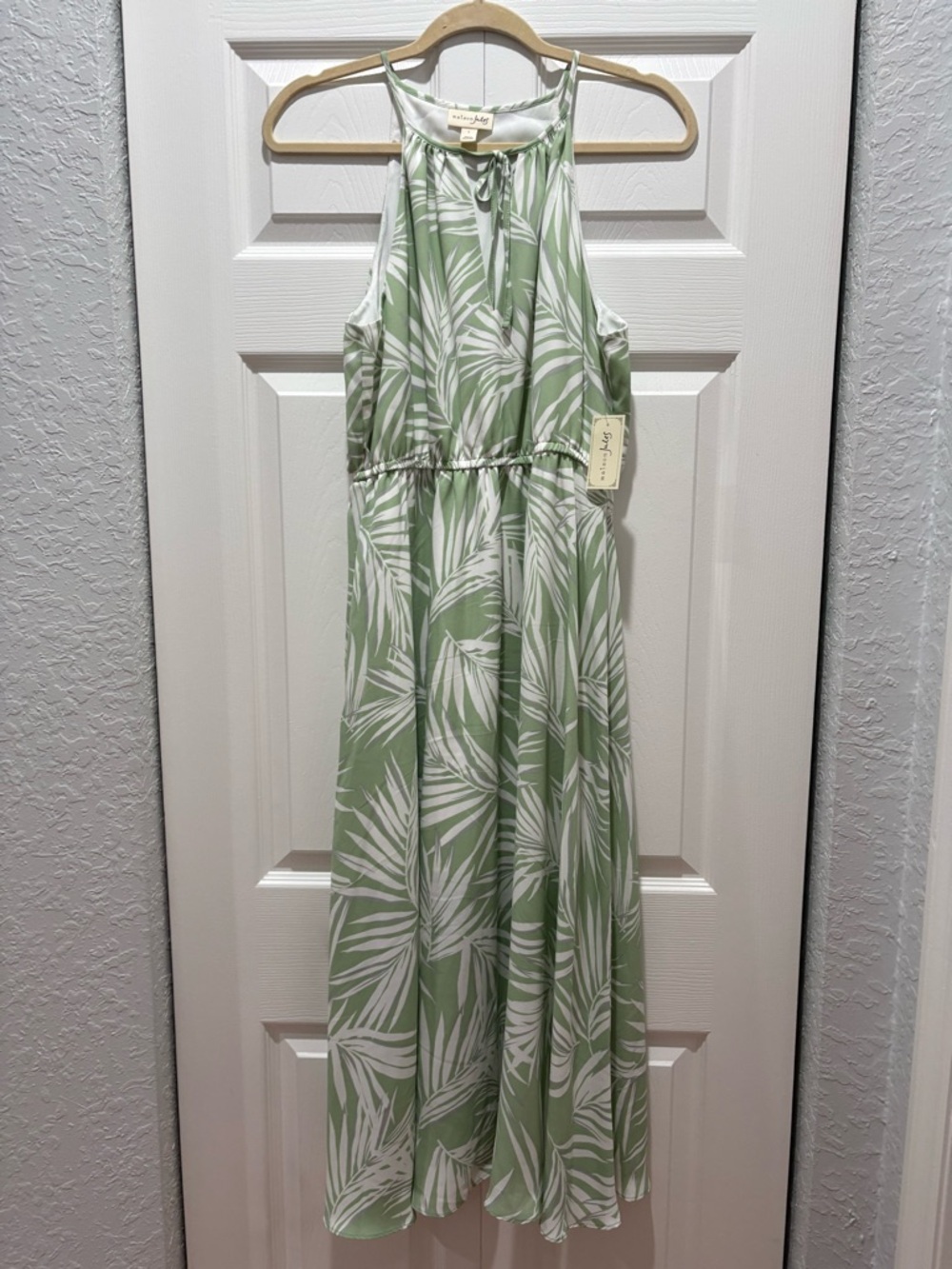 Maison Jules White and Light Green Leaf-Print Tie-Neck Top